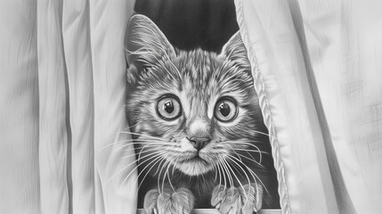 Curious Kitten Peeking from Behind White Curtains