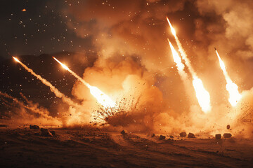 Rockets and missile at a military conflict, Generative Ai