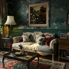 room with antique sofa and lamp