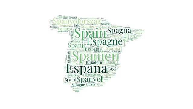 Spain shape word cloud animation. Country boundary filled with country names animated. Spain presentation video.