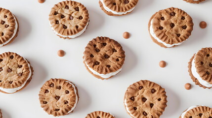 A row of many flying perfect round crackers with white milk filling and chocolate chips on a light white background. Dynamic studio shot, advertising concept