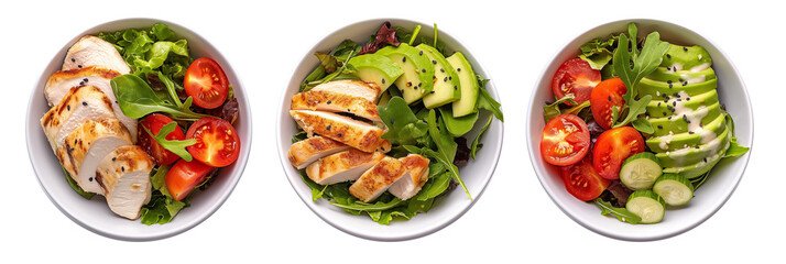 Healthy salad with chicken, avocado, cherry tomatoes and arugula isolated on a transparent background. Top view.