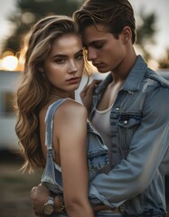 Fototapeta premium Portrait of a young teen couple embracing