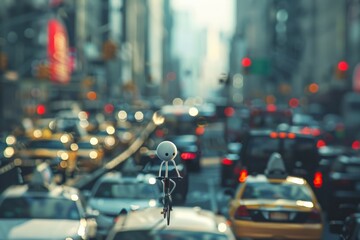 Fototapeta premium Urban Escape: A Man on a Bike Standing on a Bridge Amidst the Bustle of the City.