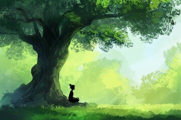 A woman is sitting under a tree in a lush green field