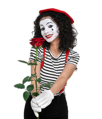 Funny mime with red rose posing on white background