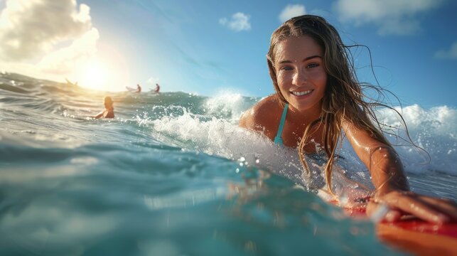 Wave rider's essence: portrait of a woman surfing - depicting the beauty and determination of a woman immersed in the exhilarating world of surfing, embracing thrill of the sea and her own strength. - Powered by Adobe