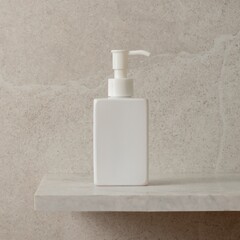 White dispenser bottle, marble bathroom shelf