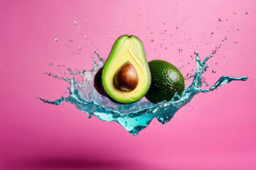 Fresh wet avocado in water drops and splashes on pink background. Photo of juice fruit. Flat lay, top view. Organic concept. 