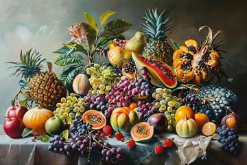 An exquisite painting of a bountiful harvest of fruits, rendered with astonishing detail and vibrant colors