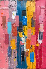 A pink, blue, and yellow cracked and grungy painted abstract. 