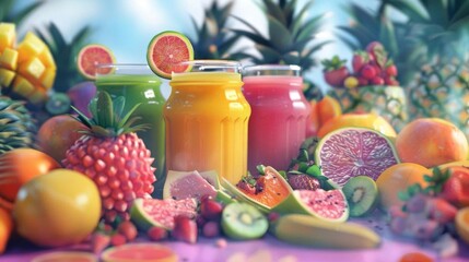 Bring the concept of fruit juice to life through a digital masterpiece that blends realistic CG 3D rendering with artistic flair Envision a scene where each fruit exudes its essence, and the juice see