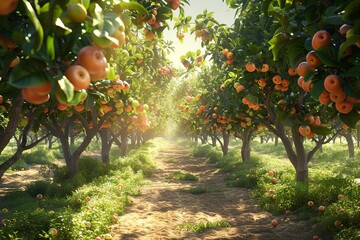 Bring to life a panoramic view of lush, sun-kissed orchards bursting with vibrant, ripe fruits, each meticulously detailed with CG 3D rendering for a photorealistic finish