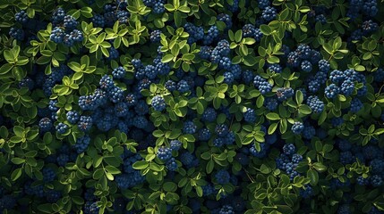 Capture a birds-eye view of a lush blueberry field, each succulent fruit in vivid indigo hues glistening under the sun, begging to be picked - obrazy, fototapety, plakaty