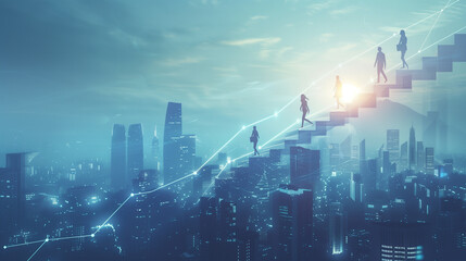 A group of people are walking up a building in a city. The people are scattered throughout the image, with some standing on the ground and others on the roof of the building. The sky is blue