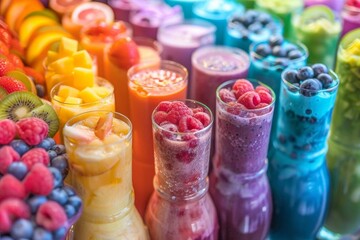 Capture a vibrant, tilted angle view of a rainbow-hued array of fruit smoothies, showcasing the blend of colors and textures with a whimsical touch