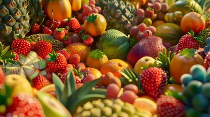 Capture a wide-angle view of a colorful array of imported fruits, showcasing their vibrant textures and unique shapes in a photorealistic style