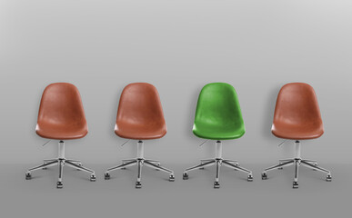 Vacant position. Green office chair among brown ones on grey background