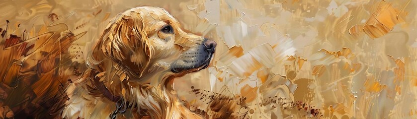 Capture the essence of loyalty and companionship with a realistic oil painting of a majestic golden retriever gazing into the distance, rendered with intricate brush strokes and warm, earthy tones