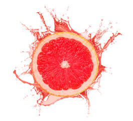 Fresh grapefruit with splashing juice on white background