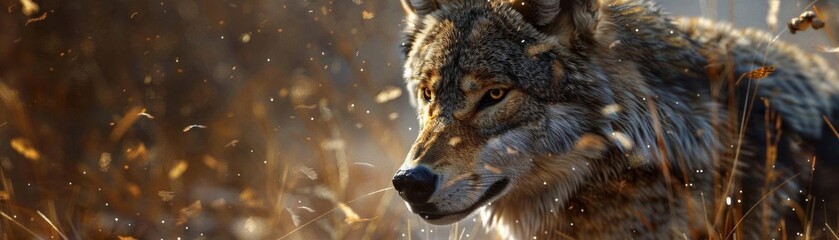 Obraz premium Capture the fierce essence of a wolf in a dramatic, tilted angle view Render its piercing gaze and textured fur in photorealistic detail, creating a sense of raw power and wilderness