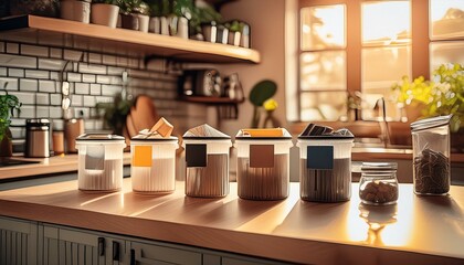 A cozy kitchen scene with different bins labeled for glass, paper, and plastics. The kitchen