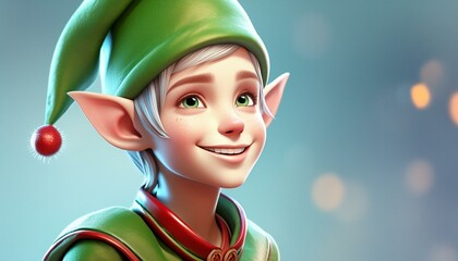 A festive elf is looking up at camera and smiles; isolated on light colorful background 