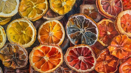 Capture the vibrant hues and intricate details of dried fruits from a captivating worms-eye view perspective Illustrate the textures with watercolors, emphasizing the sun-dried wrinkles and rich color