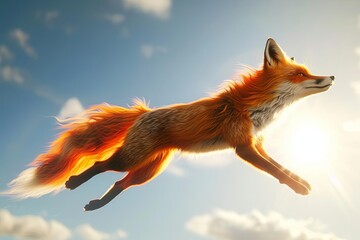 Craft a CG 3D rendering of a cunning fox soaring gracefully through a sunlit sky, its fiery tail trailing behind in a dynamic, realistic pose that evokes a sense of freedom