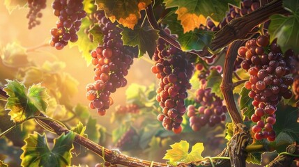 Craft a digital illustration of a birds-eye perspective on a grapevine, highlighting intricate details like dew-kissed clusters, twisting vines, and sun-dappled leaves Showcase a mix of realism and wh