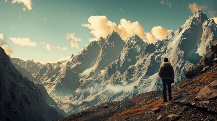 Footprints in the Snow: A Man Treading the Snowy Path of a Majestic Mountain, Backpack in Tow.