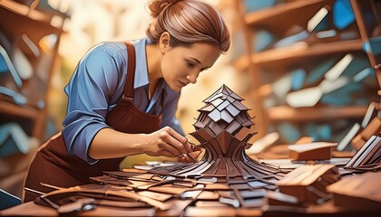An artist in a studio, intently working on a sculpture made from recycled metal pieces.  - obrazy, fototapety, plakaty