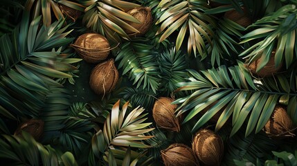 Obraz premium Craft a stunning digital artwork from a birds-eye perspective showcasing a cluster of coconuts nestled among emerald leaves in a dense, tropical forest Enhance the image with realistic textures and vi
