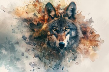 Craft a surreal interpretation of a tilted angle wolf, infusing elements of fantasy and mystique Experiment with mixed media, combining watercolor textures with CG 3D effects to evoke a dreamlike worl