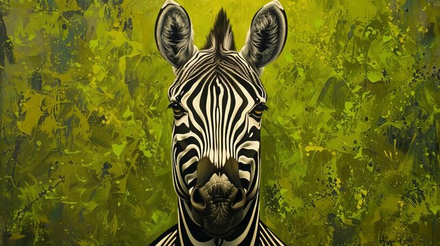 Craft a striking, photorealistic image of a zebras frontal view, showcasing intricate black and white stripes contrasted against a lush green background Capture the zebras stoic gaze and intricate fac