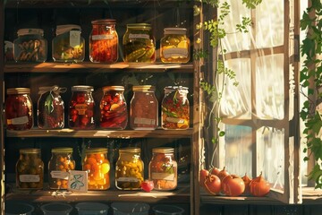 The image shows a variety of colorful fruits and vegetables in glass jars on wooden shelves in front of a window.