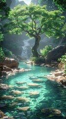 Naklejka premium A photo of a beautiful landscape with a tree, a river and a waterfall.