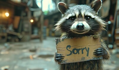 A raccoon holding a cardboard sign that says 