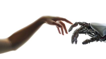  Human hand trying to reach robotic android hand