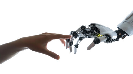 Naklejka premium Human hand trying to reach robotic android hand