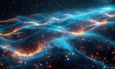 Blue and orange glowing particles form into a futuristic landscape.