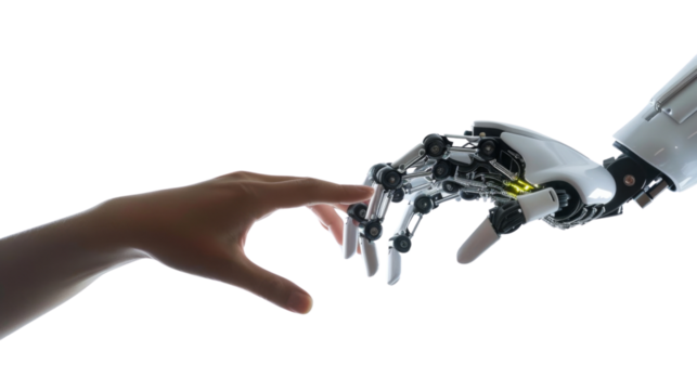  Human hand trying to reach robotic android hand - Powered by Adobe