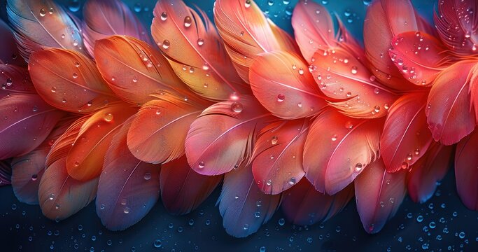 Pink and orange feathers with water drops on a blue background
