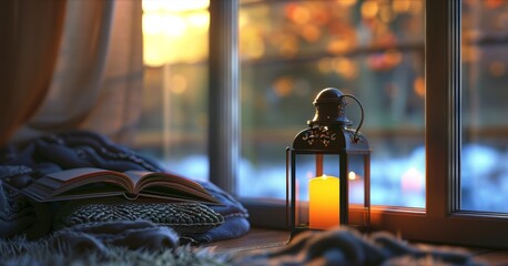 On a cozy reading nook an oversized lantern sits on the floor its warm light providing the perfect ambiance for curling up with a good book. 2d flat cartoon.