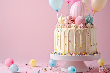 Festive cake with balloons on pink background
