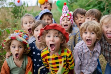 Happy children in clown hats having fun outdoors. Funny kids having fun outdoors.