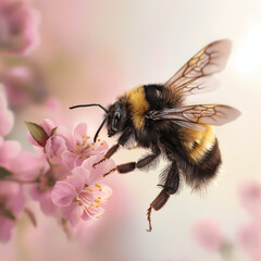 A bumblebee approaching a pink blossom,soft pastel background