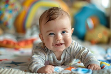 Fototapeta na wymiar Baby smiling on stomach on colorful mat