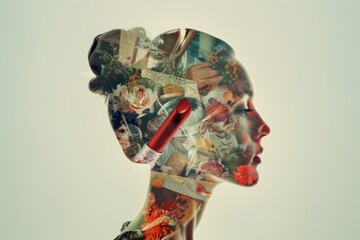 double exposure, a woman's head in which there are many things, lipstick, child, book, frying pan...