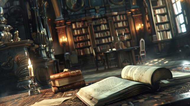 In a forgotten corner of a grand library an aged scribe carefully unveils a mysterious scroll its delicate parchment bearing faded . .